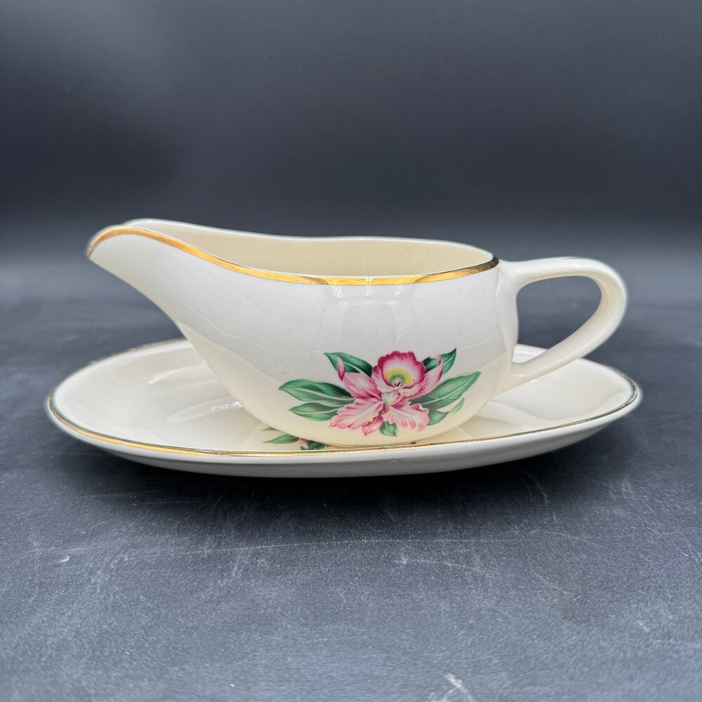 Vtg Gravy Boat & Underplate in Modern Orchid by Paden City Pottery 22K Gold Rim